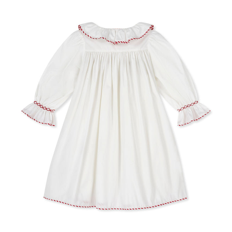 2-3y Samantha Varvel x Smock London Nightingale Girls Dress Moonstone White with Candy Cane Trim and Holly Hand Smocking
