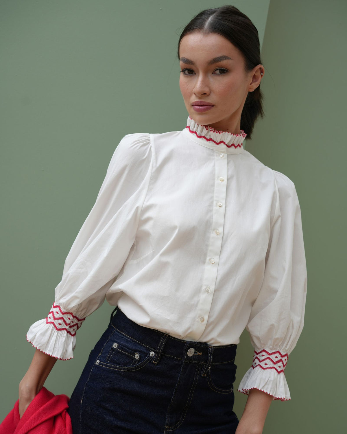 Shelley Blouse White Cotton with Pillar Box Red Hand Smocking