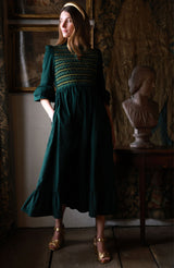 Emmeline Pankhurst Women's Dress Pine Tree Needlecord with Nordic Sparkle Hand Smocking