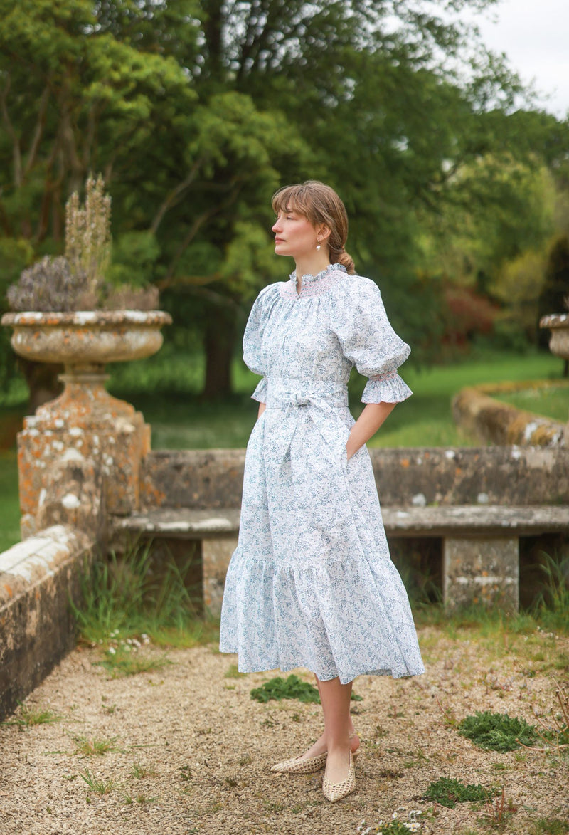 Ada Lovelace Dress Flower Field Linen with Cherry Blossom Hand Smocking