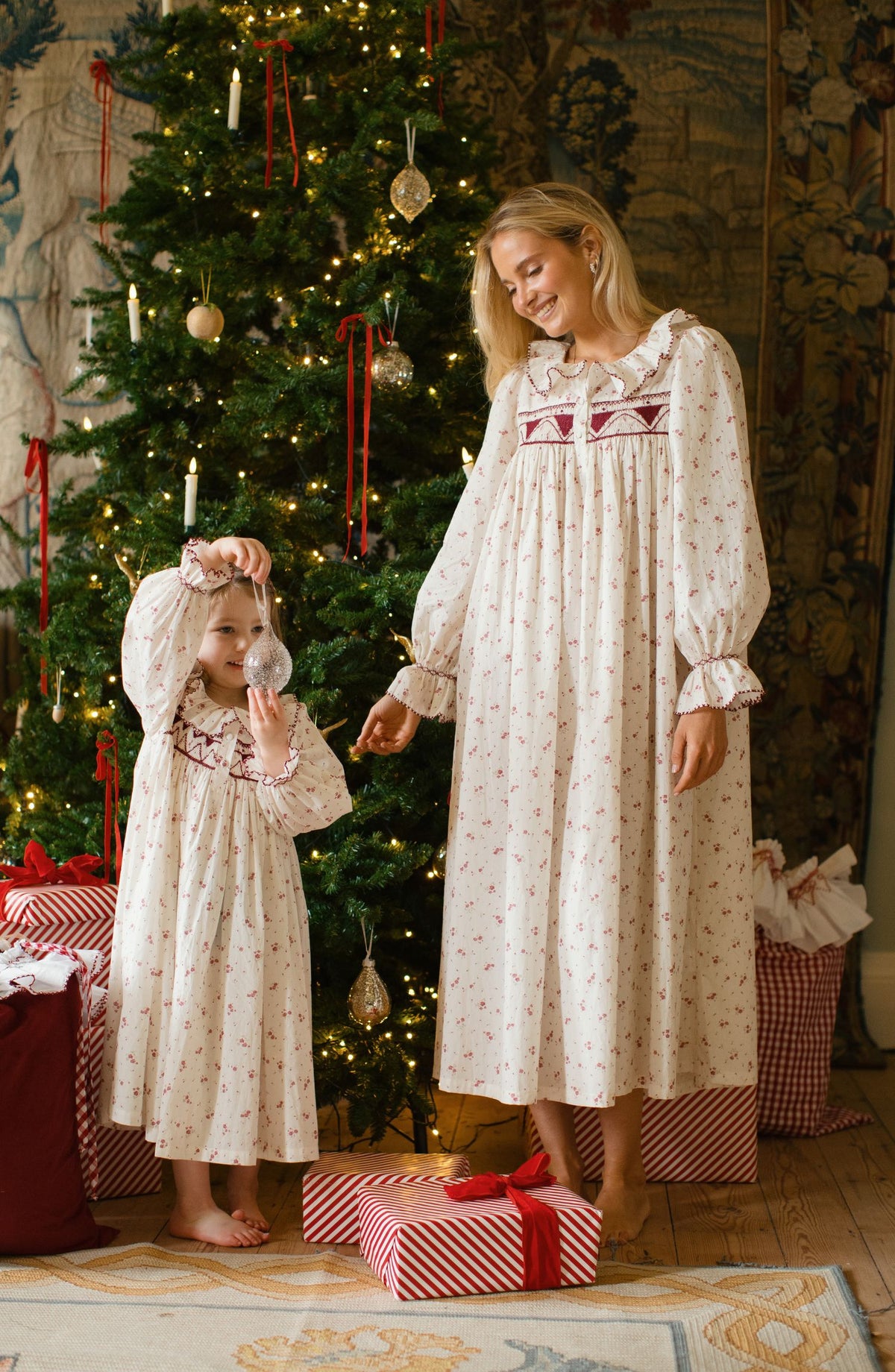 Nightingale Girl's Dress Yuletide Floral with Cranberry Hand Smocking