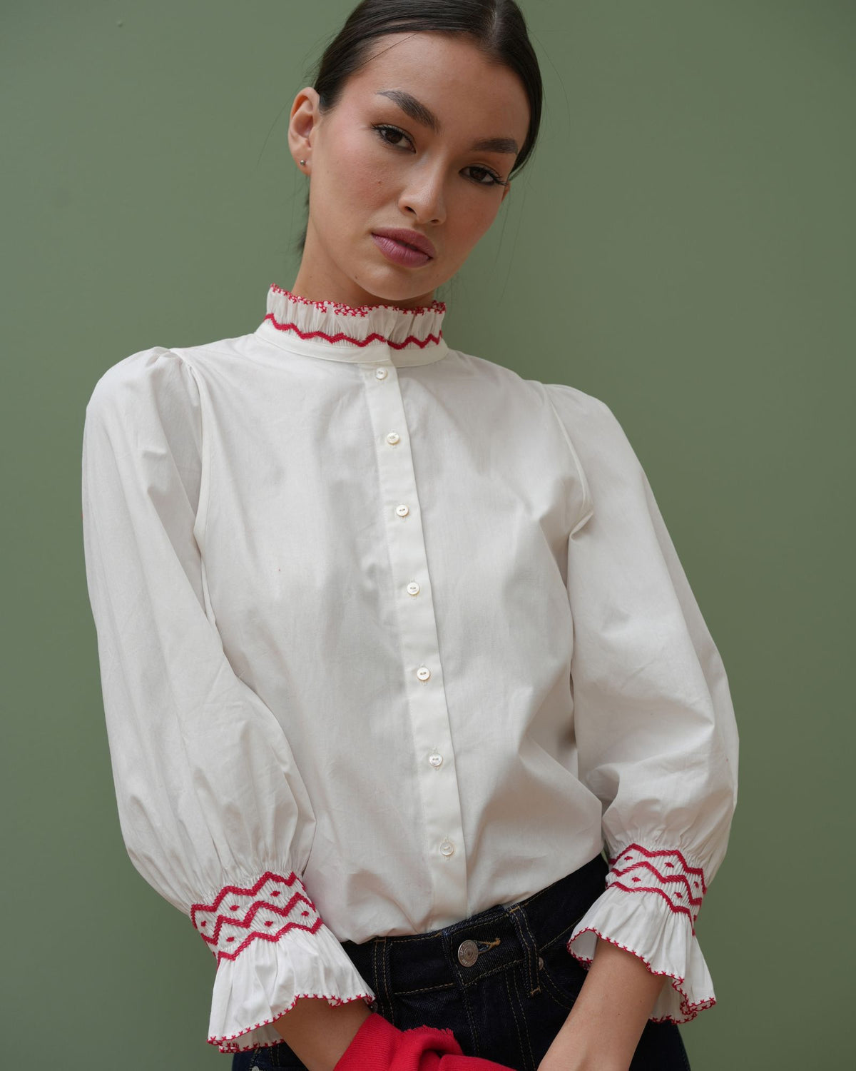 Shelley Blouse White Cotton with Pillar Box Red Hand Smocking