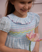 Katherine Johnson Dress Blue Sky Gingham with Rainbow Hand Smocking