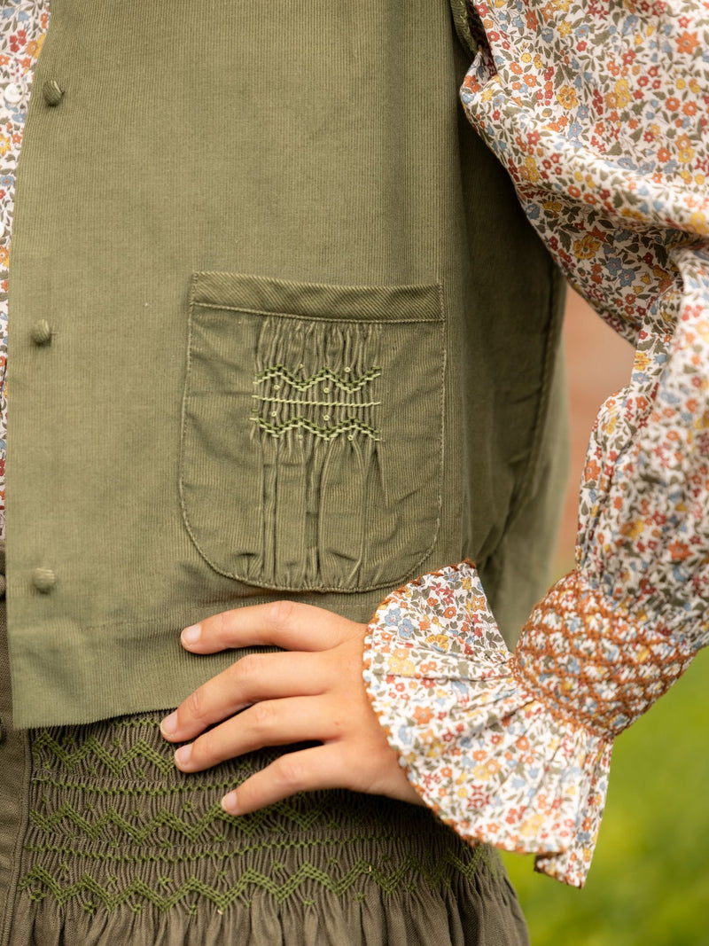 C J Walker Waistcoat Moss Needlecord with Through the Branches Hand Smocking Edition 3