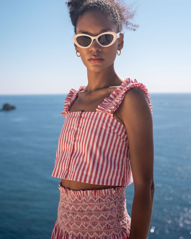 Gibson Top Tomato Stripe with Chalk Hand Smocking