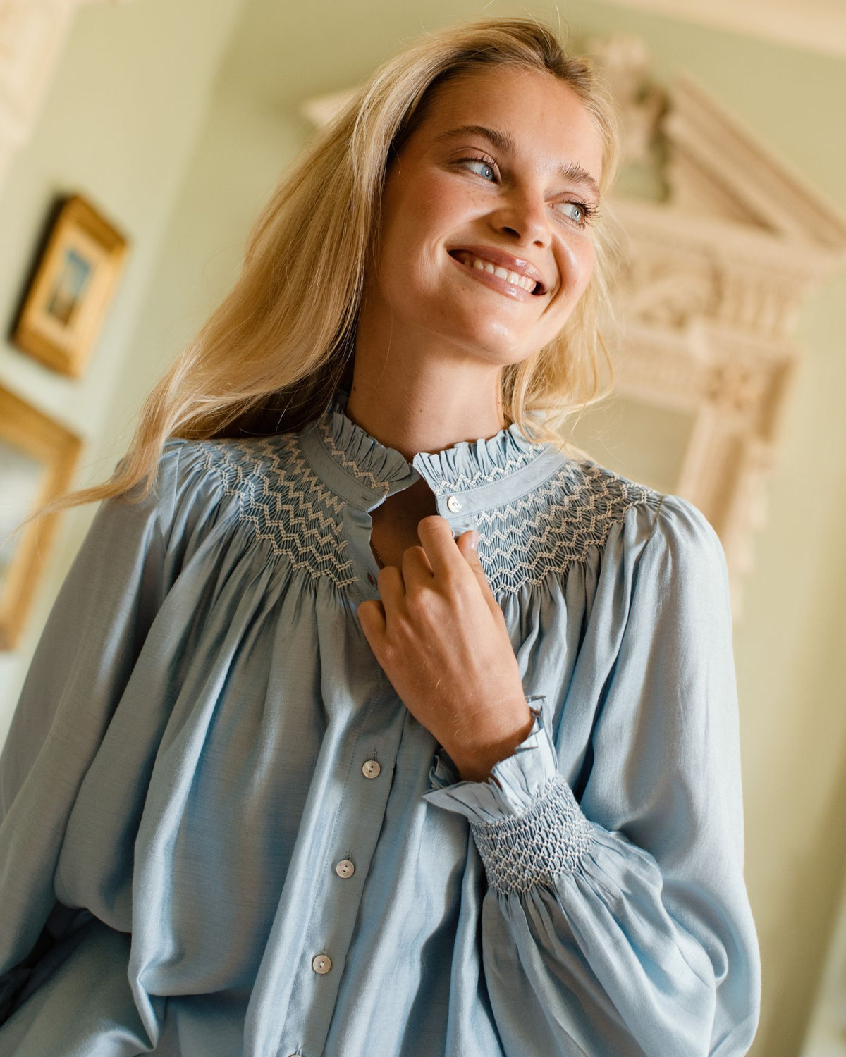 Scholl Blouse Celeste Silk Cotton with Opalite Hand Smocking Edition 70