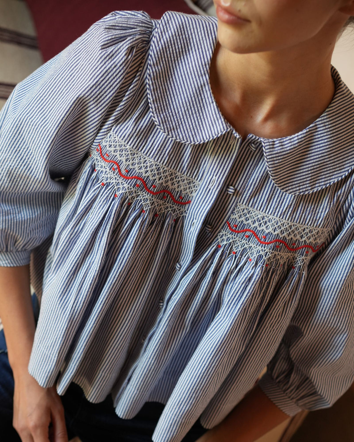 Marie Curie Blouse Nautical Stripe Seersucker with Red and White Hand Smocking