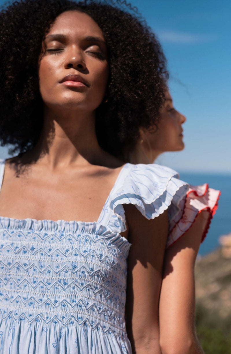 Octavia Hill Dress Blue Ribbons with Summer Skies Hand Smocking