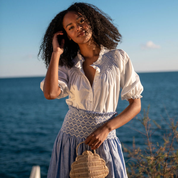 Sullivan Skirt Chambray Linen with White Hand Smocking