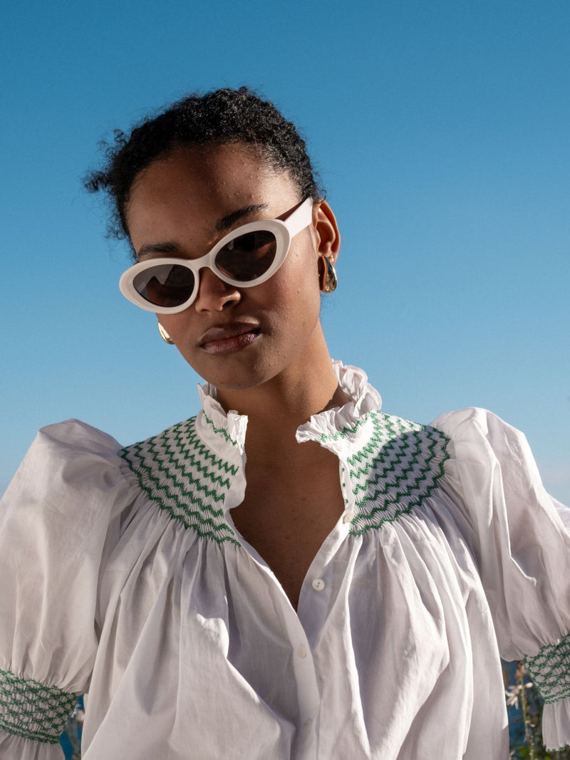 Scholl Women's Summer Blouse White with Green Apple Hand Smocking