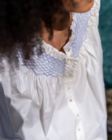 Cleopatra Blouse White with Cornflower Hand Smocking