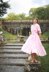 Wu Zetian Dress Pink Chevron Stripe with Peppermint Cream Hand Smocking