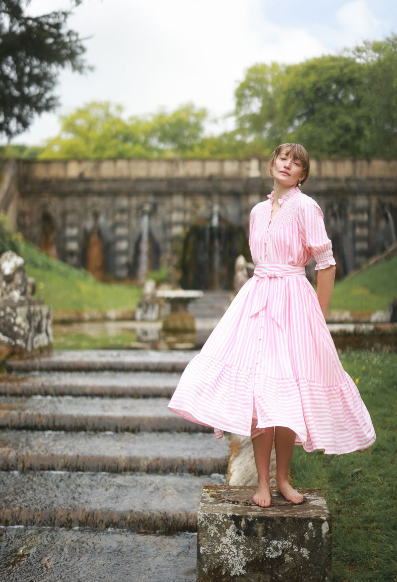 Wu Zetian Dress Pink Chevron Stripe with Peppermint Cream Hand Smocking