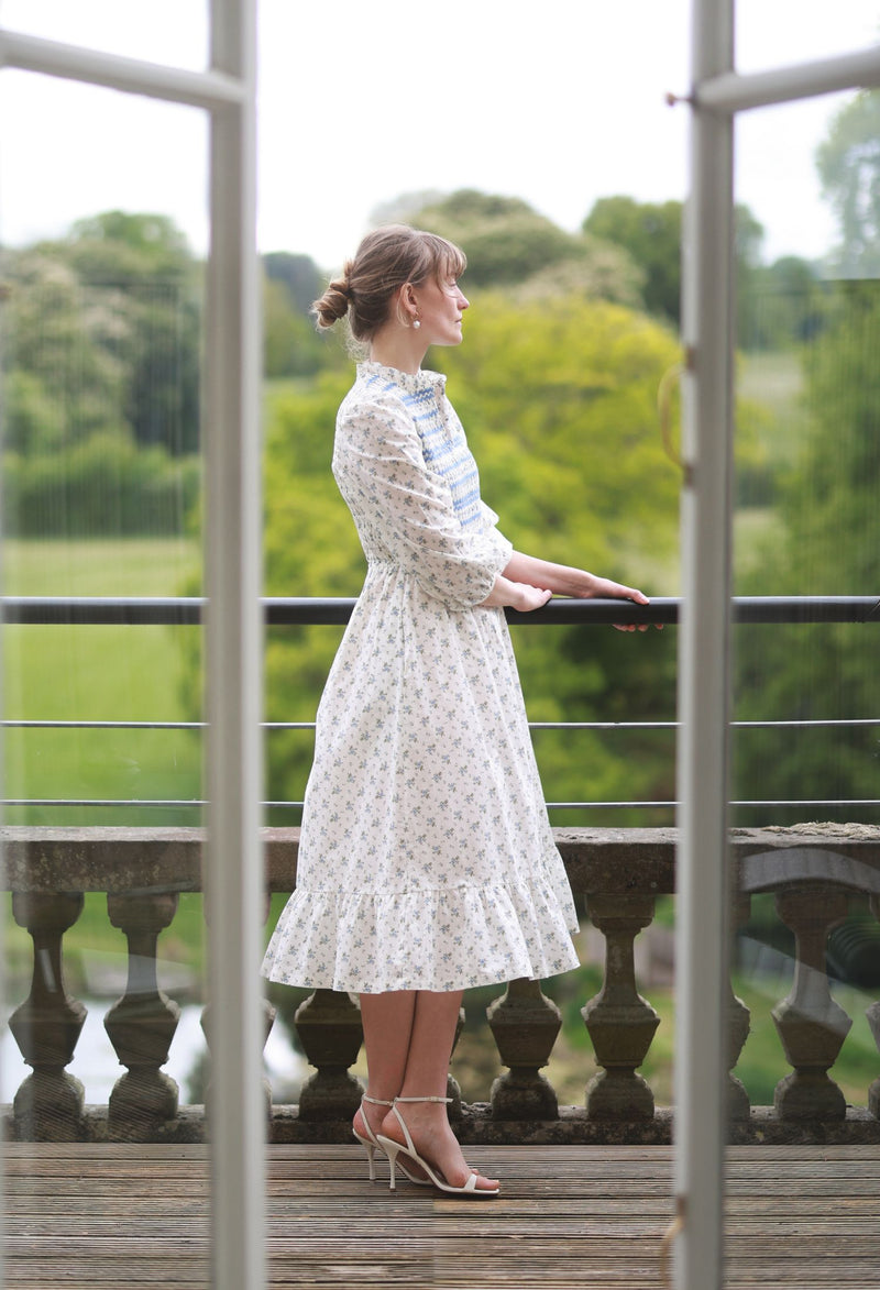 Emmeline Pankhurst Dress Brunnera Blooms with Forget Me Not Hand Smocking