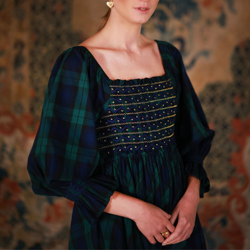 Ella Fitzgerald Women's Dress Black Watch Tartan with Royal Navy Hand Smocking