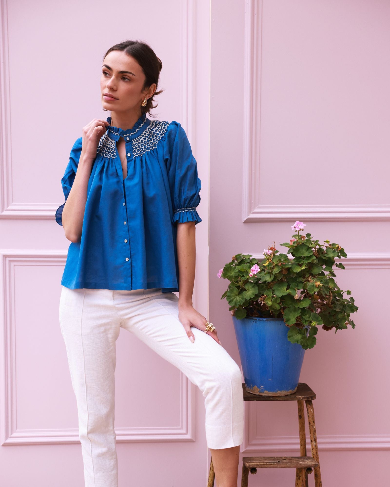 Scholl Blouse Cobalt Linen with Vanilla Hand Smocking Edition 54