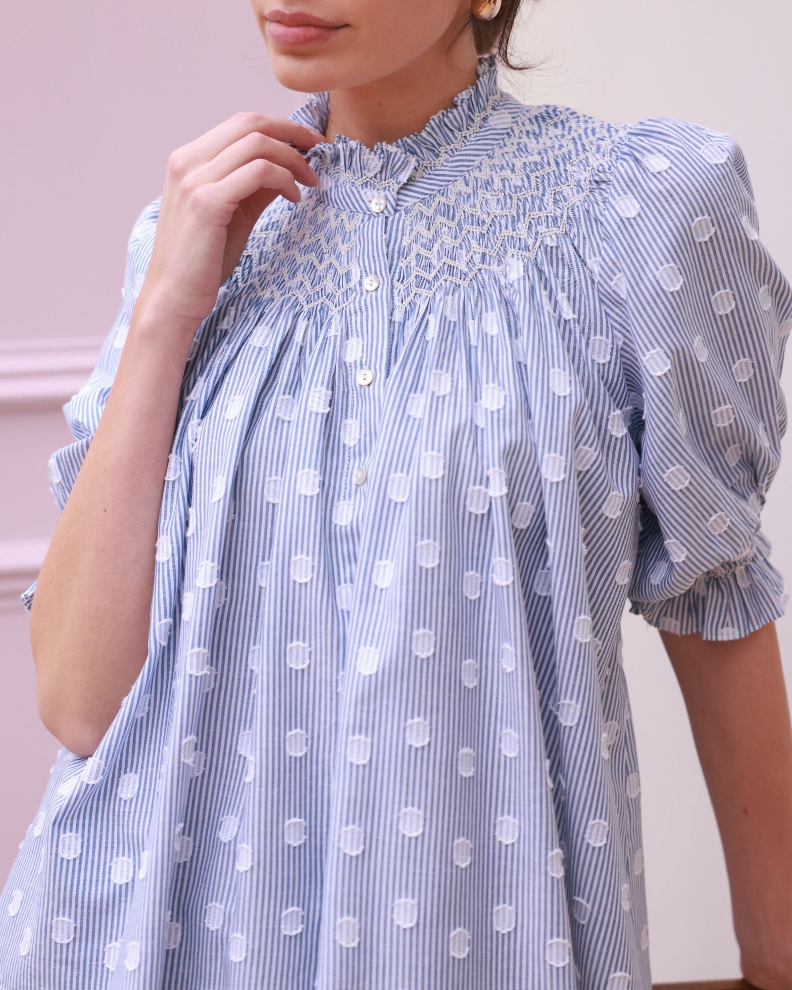 Scholl Blouse Bubble Weave Cotton with Double Cream Hand Smocking Edition 60