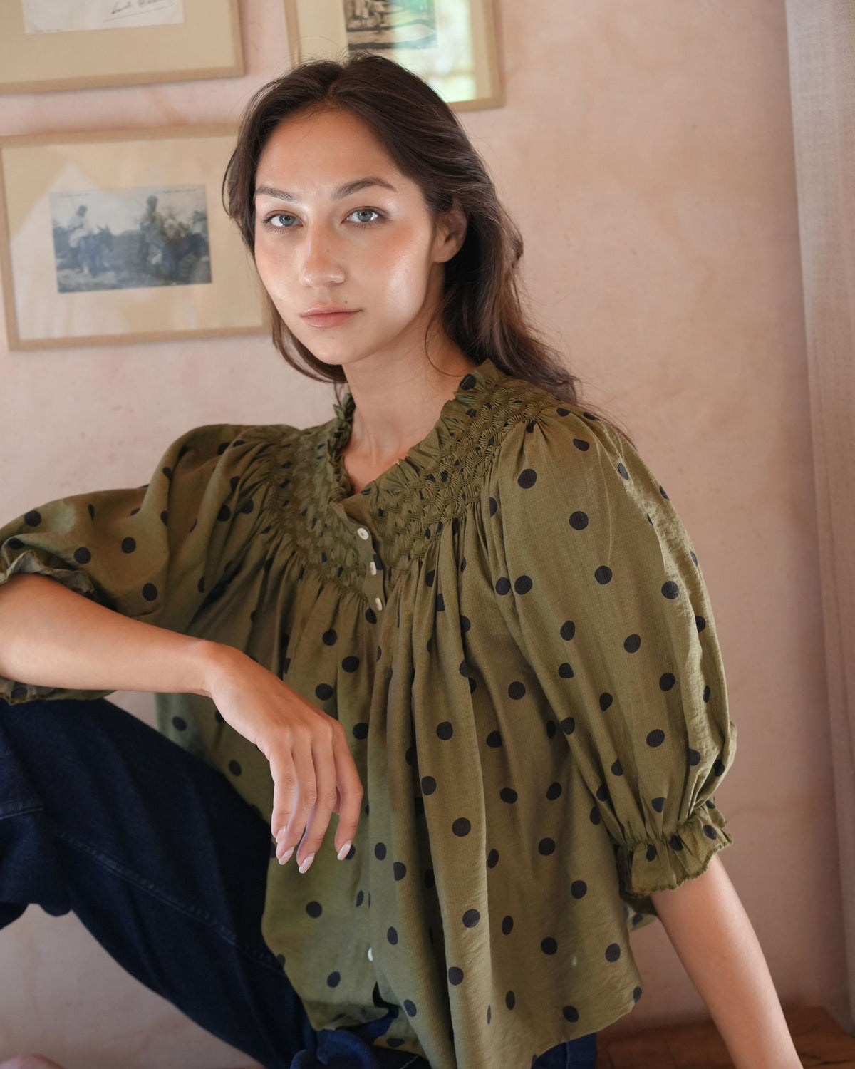 Cleopatra Blouse Khaki Polka Dot with Dirty Martini Hand Smocking Edition 45