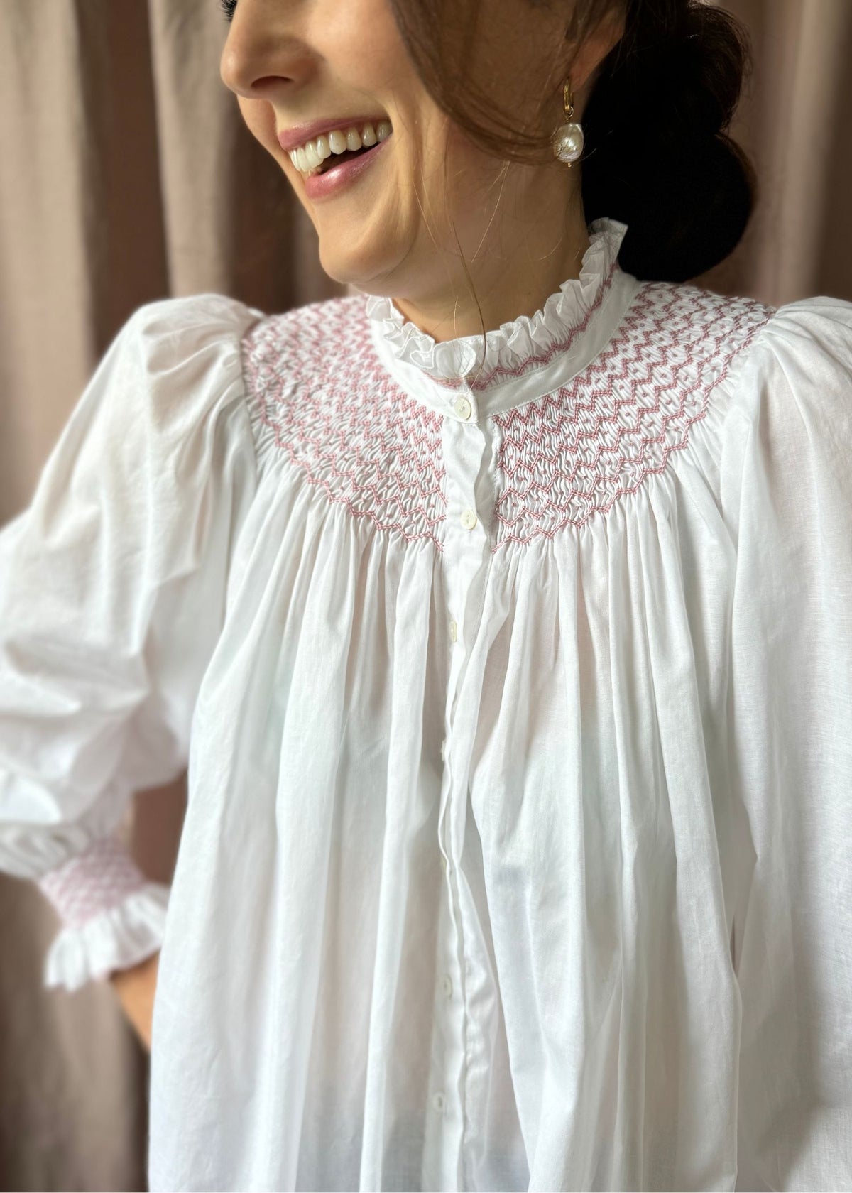 Small Scholl Women's Blouse White with Kir Royale Hand Smocking