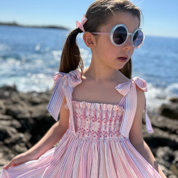 Beatrix Potter Sun Dress Sugared Violet Stripe with Sweet Shop Hand Smocking