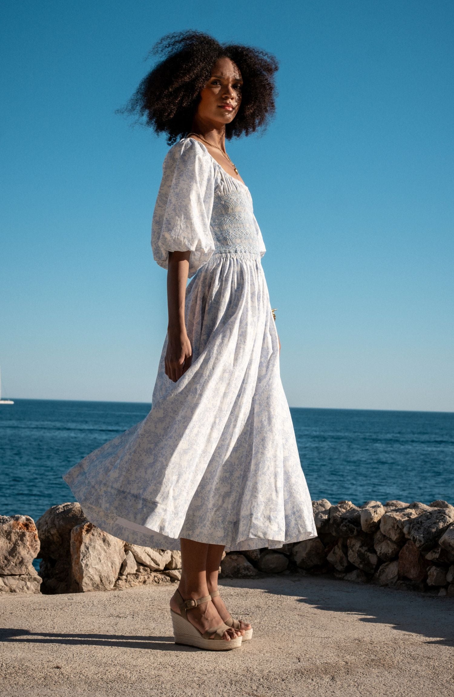 My Mulberry House x Smock London Scarlett Dress Toile des Champs with Delphinium Hand Smocking