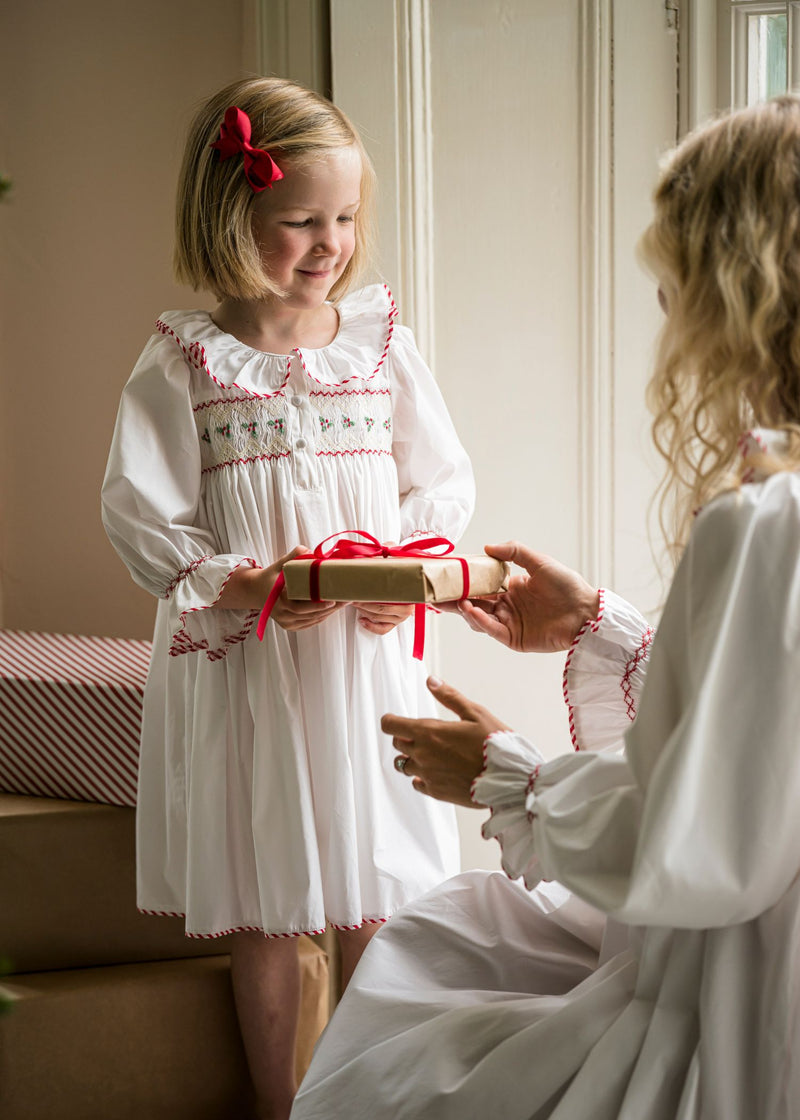 2-3y Samantha Varvel x Smock London Nightingale Girls Dress Moonstone White with Candy Cane Trim and Holly Hand Smocking