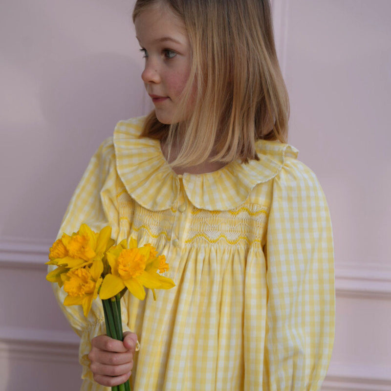 Nightingale Girl's Dress Primrose Gingham with Daffodil Hand Smocking