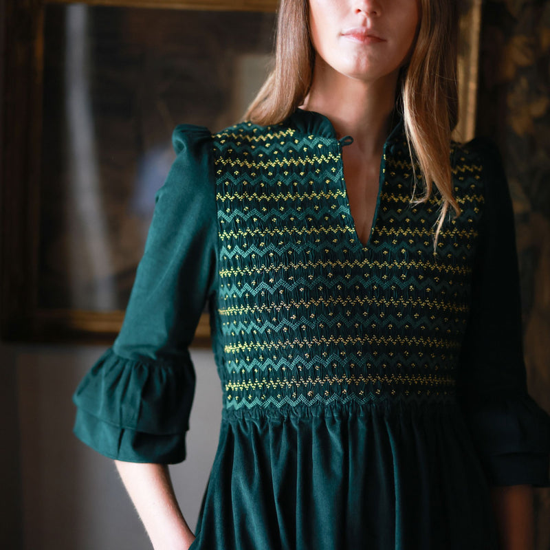 Emmeline Pankhurst Women's Dress Pine Tree Needlecord with Nordic Sparkle Hand Smocking