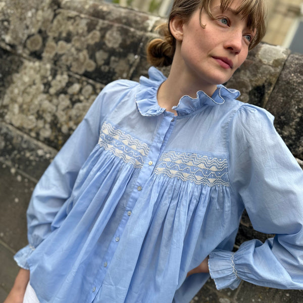 Betsy Fry Blouse Forget Me Not Voile with Chalk Stacked Wave Hand Smocking Edition 18
