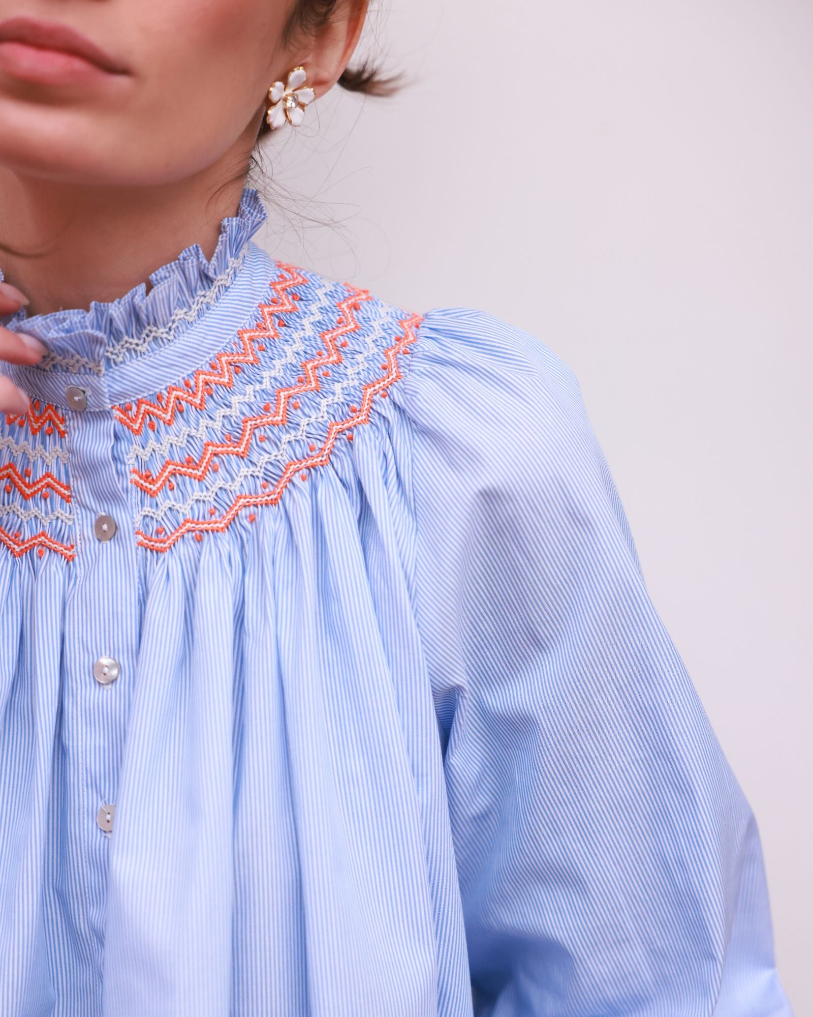 Scholl Blouse Oxford Stripe with Orange Blossom Hand Smocking Edition 62