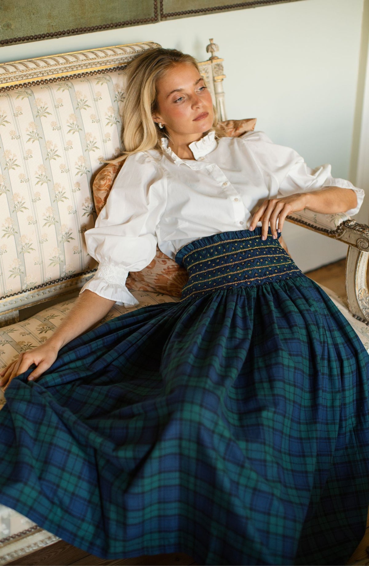 Sullivan Women's Skirt Black Watch Tartan with Royal Navy Hand Smocking