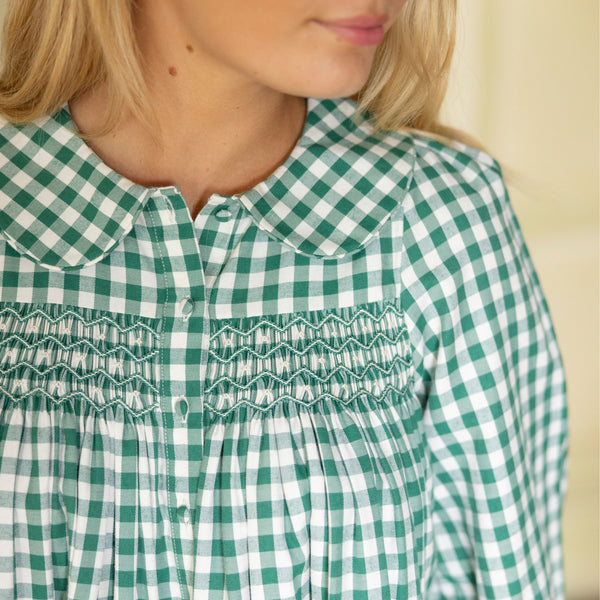 Marie Curie Blouse Holly Gingham with Mistletoe Hand Smocking
