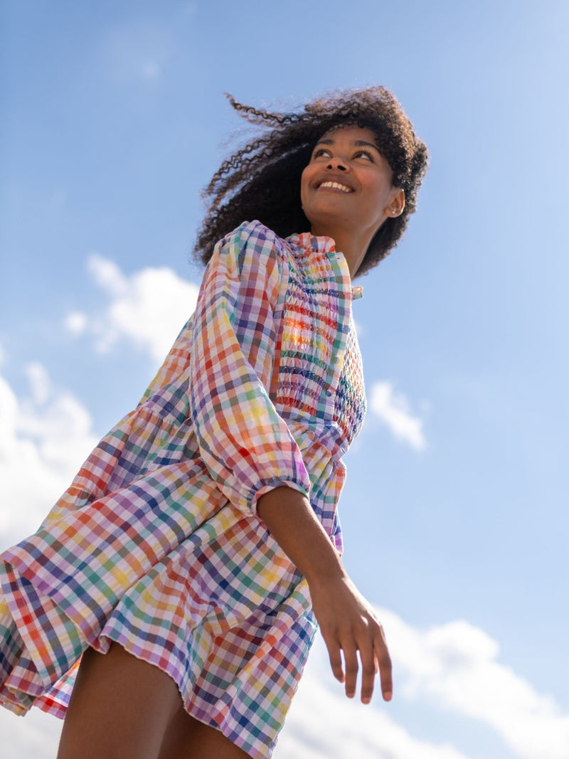 Billie Holiday Short Dress Rainbow Gingham with Prism Hand Smocking