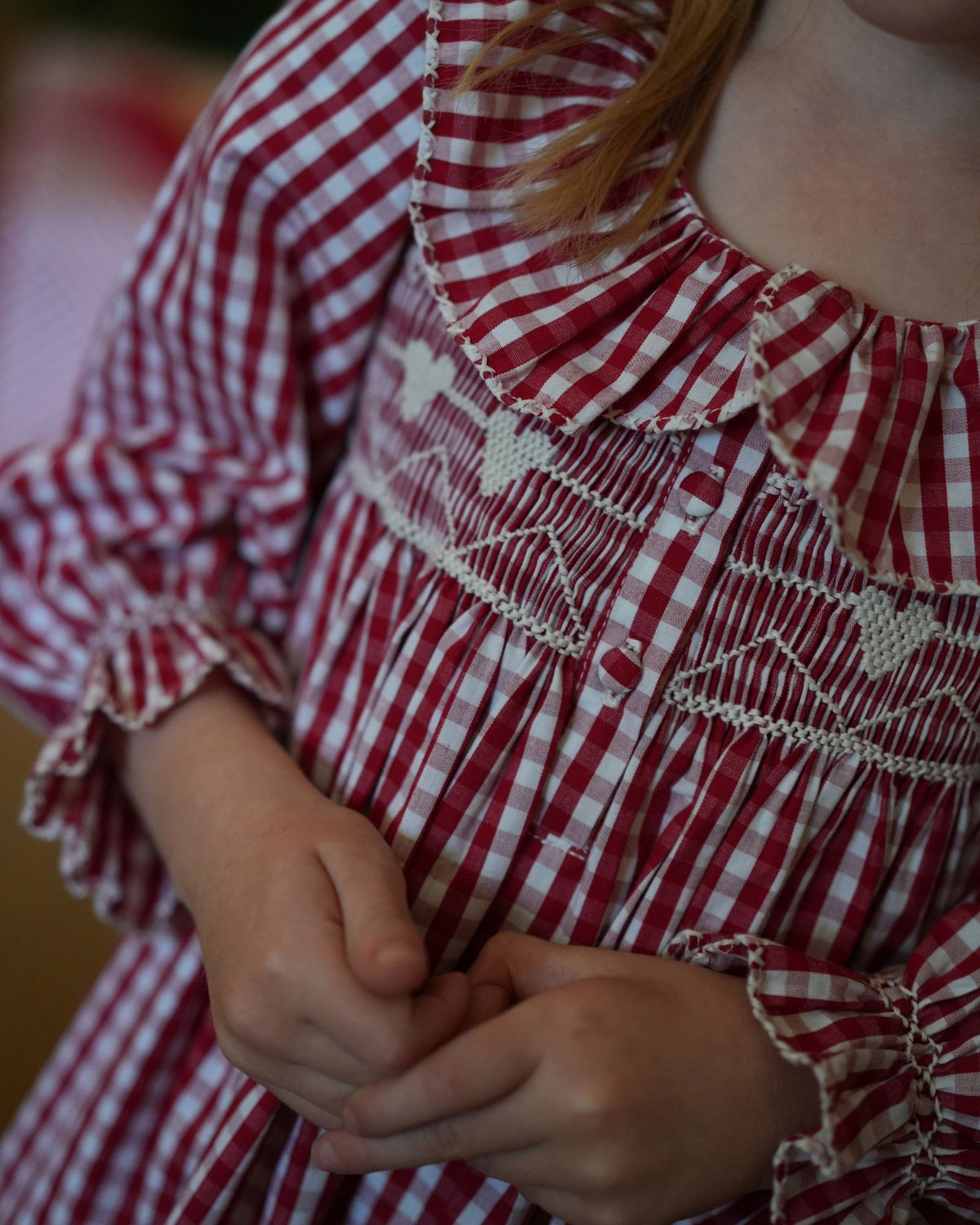 Nightingale Girl's Dress Crimson Gingham with Snow Angel Hand Smocking