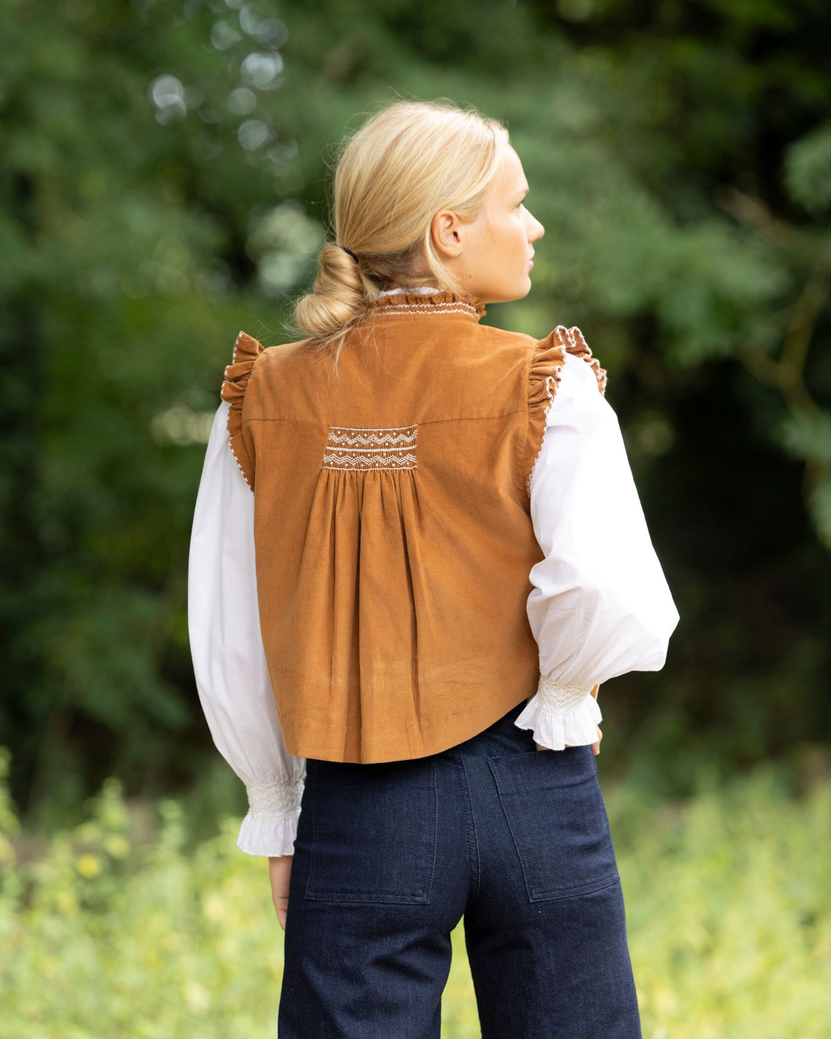 C J Walker Waistcoat Butterscotch Needlecord with Spiced Vanilla Hand Smocking Edition 5