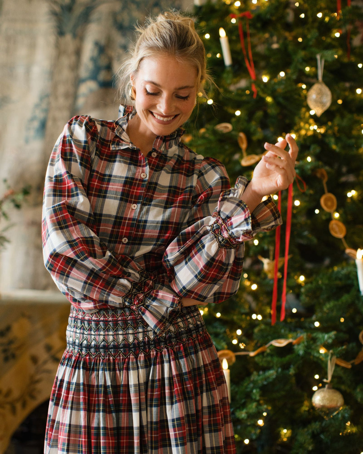 Shelley Blouse Royal Tartan with Black Gold Hand Smocking Edition 33
