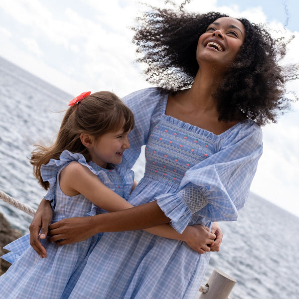Josefine Butler Dress Seaside Check with Cherries Hand  Smocking