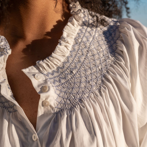 Cleopatra Blouse White with Cornflower Hand Smocking