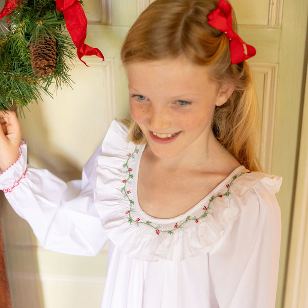 Cassat Girl's Dress Moonstone Cotton with Holly Hand Smocking
