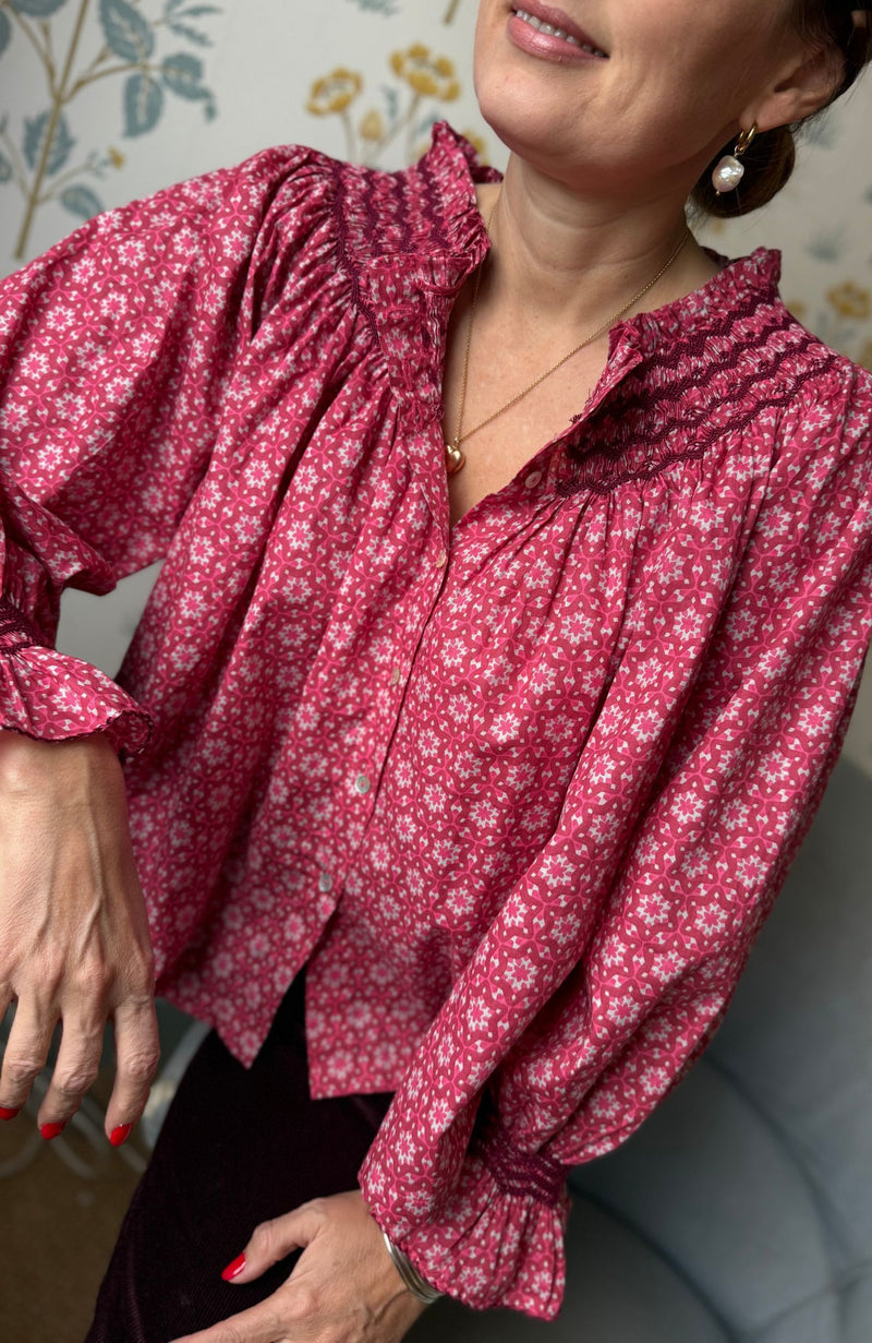 Cleopatra Blouse Mulberry Star Cotton with Merlot Hand Smocking Edition 32