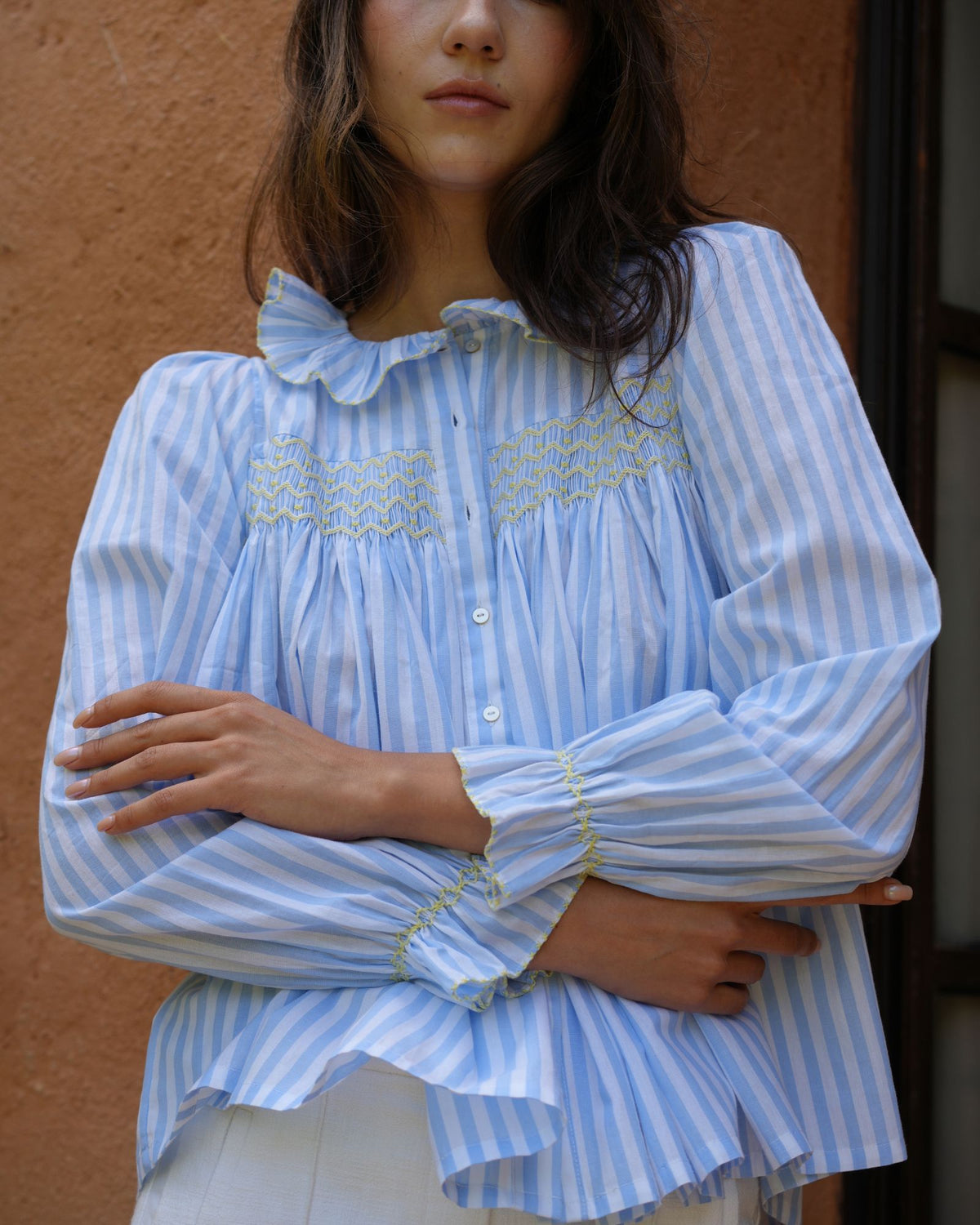 Betsy Fry Blouse Forget Me Not Stripe with Lemonade Hand Smocking  Edition 22