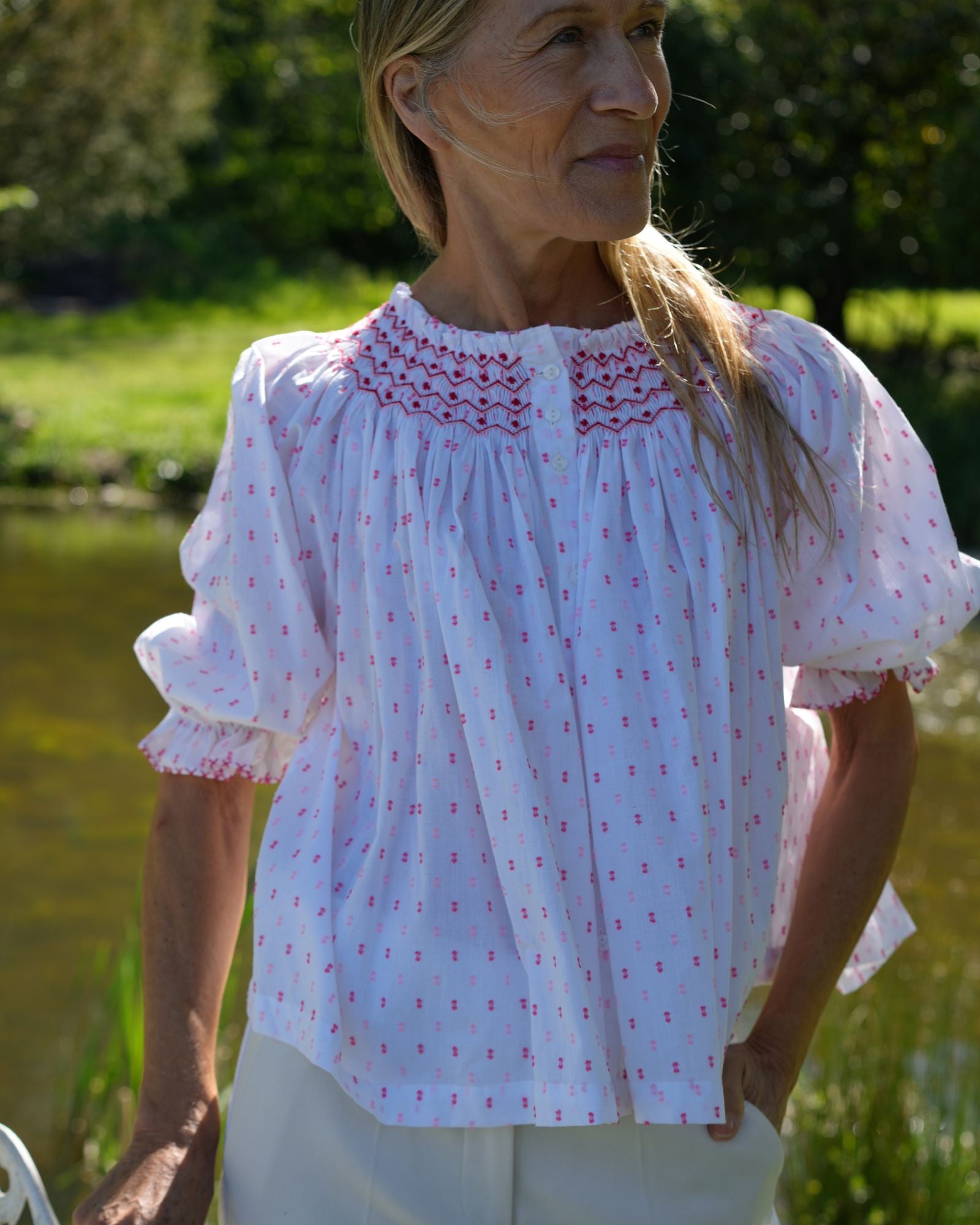 Cleopatra Blouse Cherry Pop Plumetti with Big Love Hand Smocking Edition 43