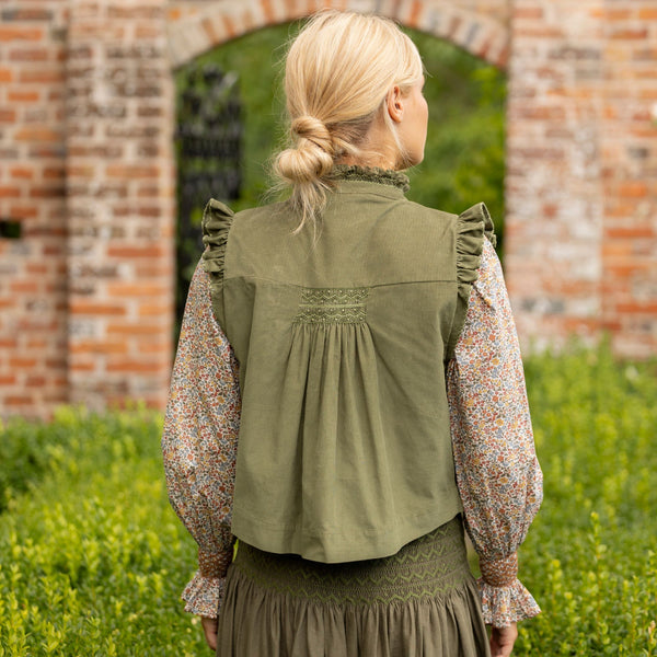 C J Walker Waistcoat Moss Needlecord with Through the Branches Hand Smocking Edition 3