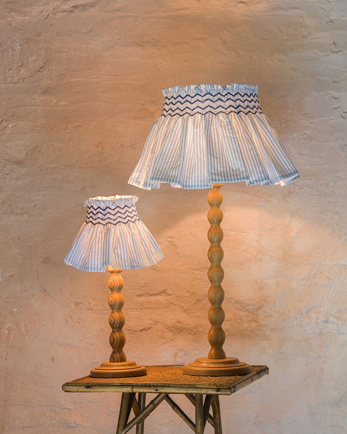 Edit58 x Smock London Elsie Lampshade Spotted Blue Stripe with Sapphire Hand Smocking