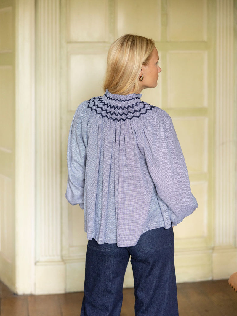 Scholl Blouse Navy Houndstooth with Blackberry Hand Smocking Edition 46