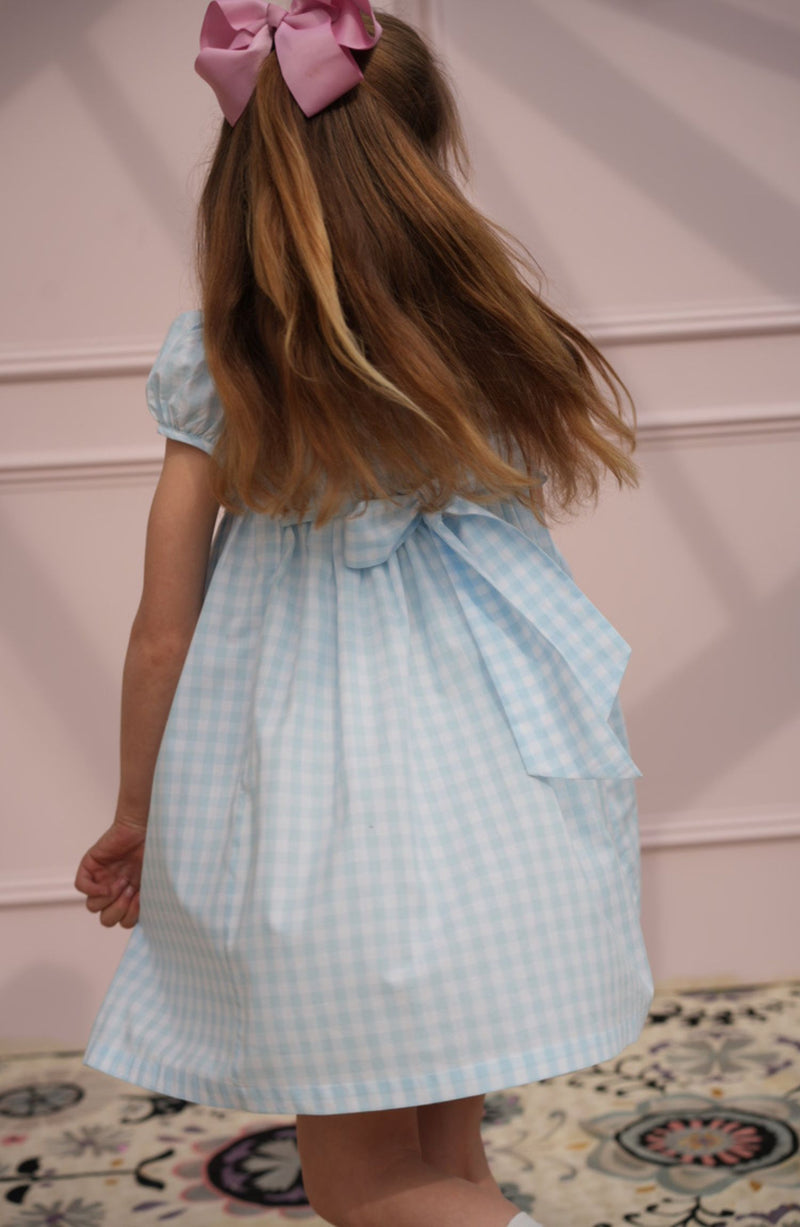 Katherine Johnson Dress Blue Sky Gingham with Rainbow Hand Smocking