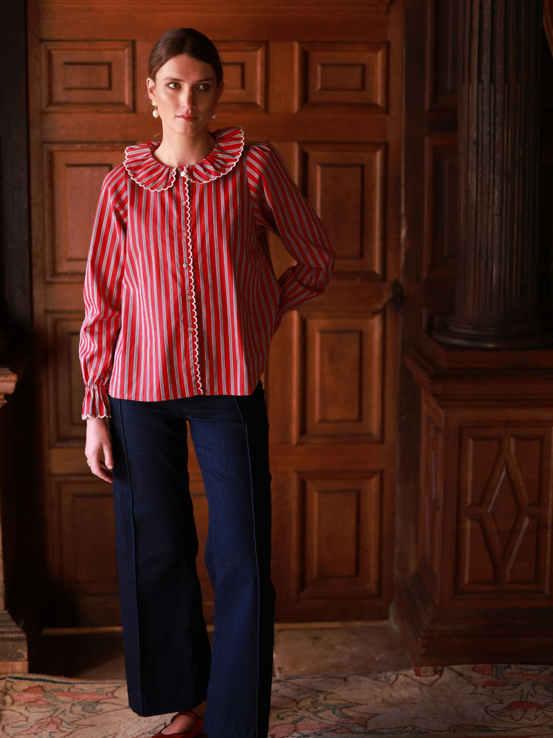 De Beauvoir Blouse Varsity Stripe with Cricket White Embroidery