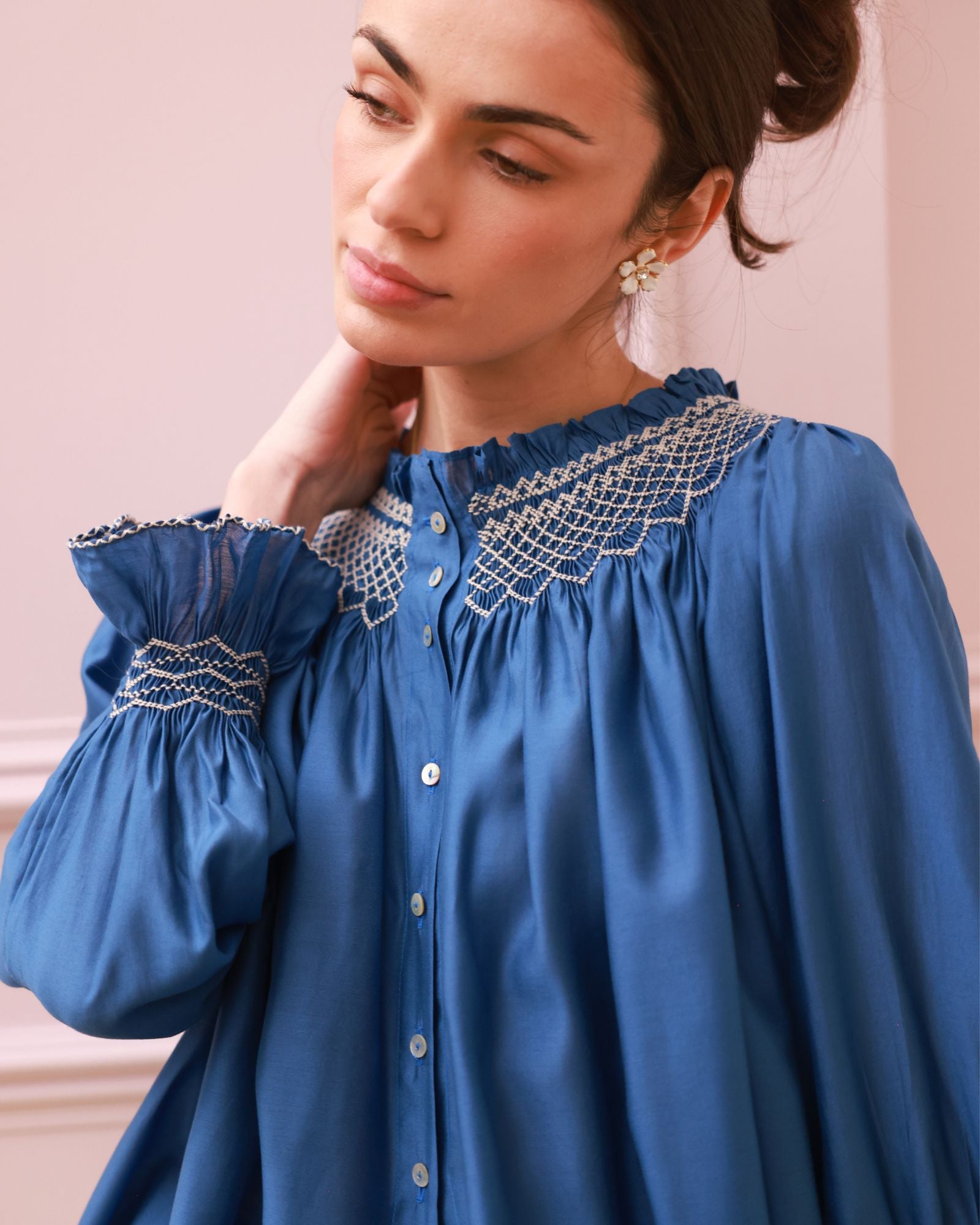Cleopatra Blouse Cobalt Silk Cotton Sapphire with Vanilla Hand Smocking Edition 33