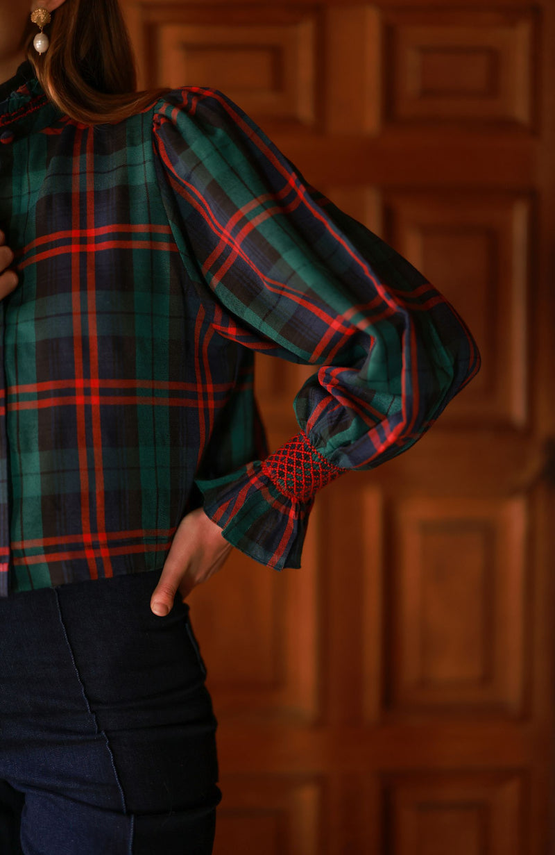 Bobbi Gibbs Jacket Red Stripe Tartan with Christmas Tree Hand Smocking