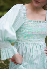 Josefine Butler Dress Kelly Green Seersucker with Cherry Pop Hand Smocking